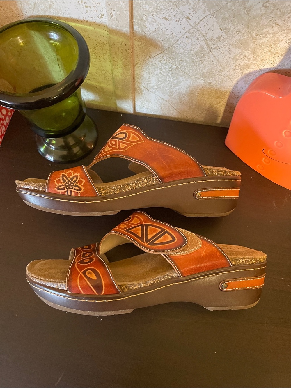 Spring Step Orange Leather Slide Clogs with Embroidered Details